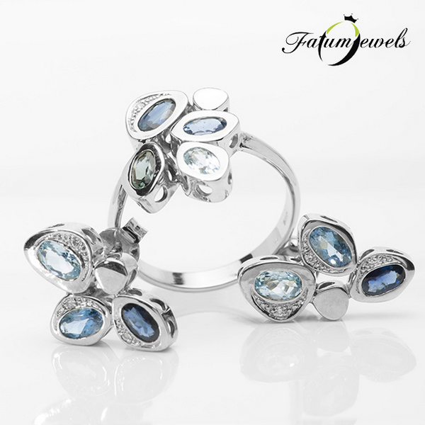 Akvamarin topáz gyémánt turmalin gyűrű és fülbevaló