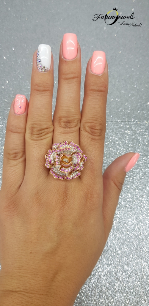 Fatumjewels Csipkerózsika rozé arany gyémánt pink zafír gyűrű