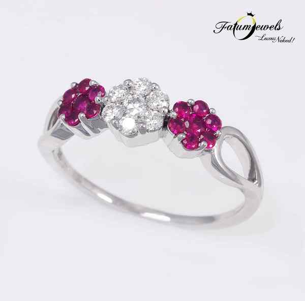Fehérarany gyémánt virág rubin gyűrű