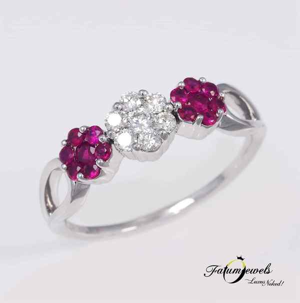 Fatumjewels Virág gyémánt rubin eljegyzési gyűrű